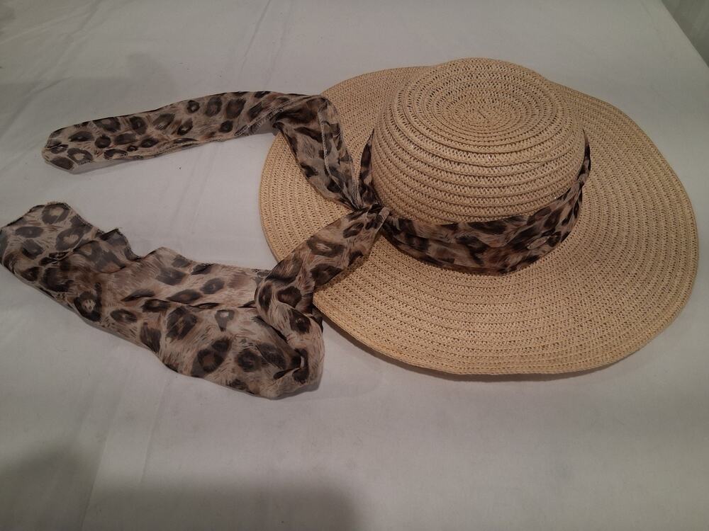 Women's Tan Straw Sun Hat Leopard Scarf Tie Wide Brim Style CS-7-8 Size 57cm